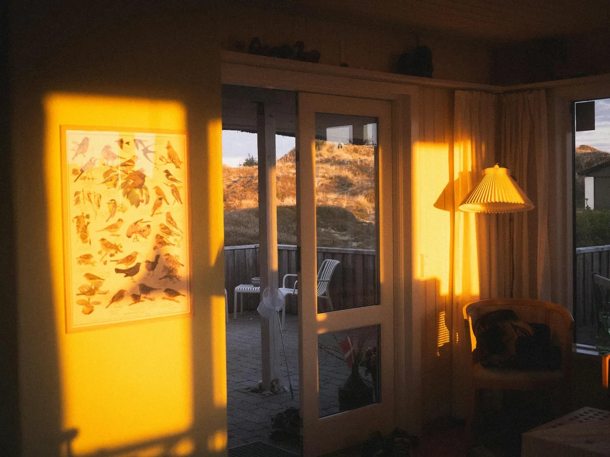 A living room with warm evening light